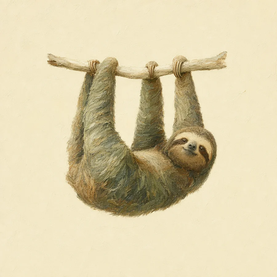 An oil painting of a sloth hanging from a branch