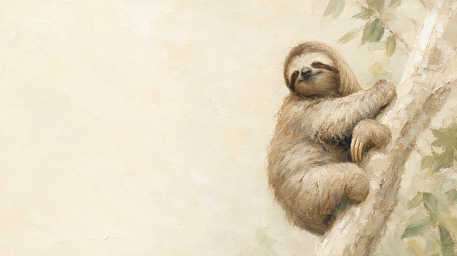 An oil painting of a sloth resting on a branch